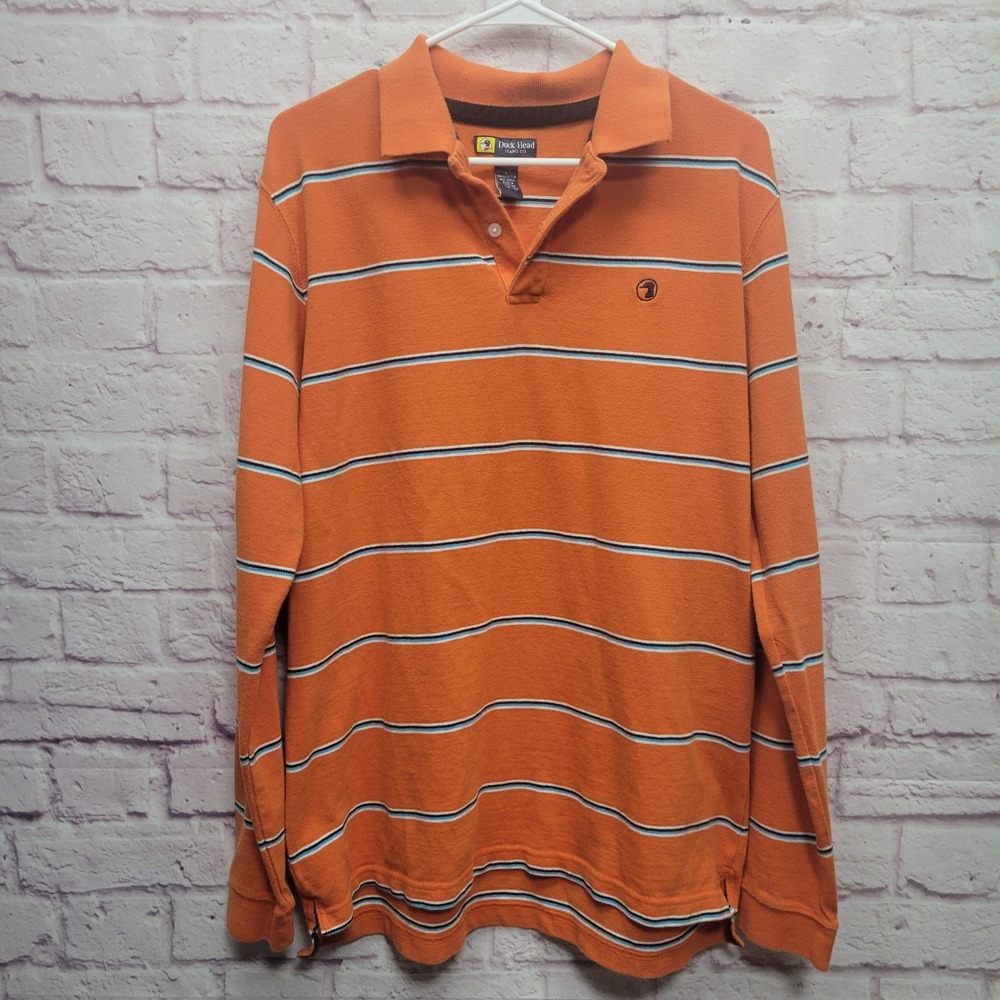 Duck Head Striped Rugby Shirt Mens L Orange 100% Cotton Collar Preppy Skater‎